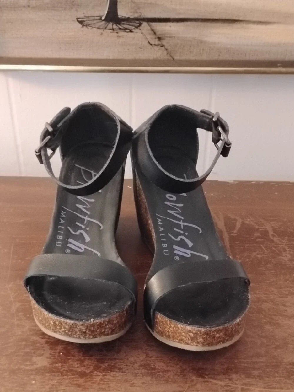 Blowfish Black Leather Ankle-Strap Cork Wedges